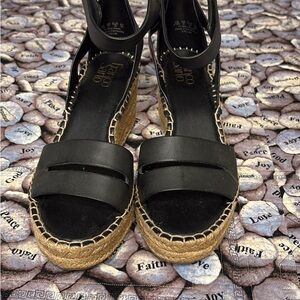 Franco Sarto Black and Tan Callia Espadrille Wedge Sandal